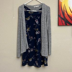 Floral blue dress with gray wool cardigan